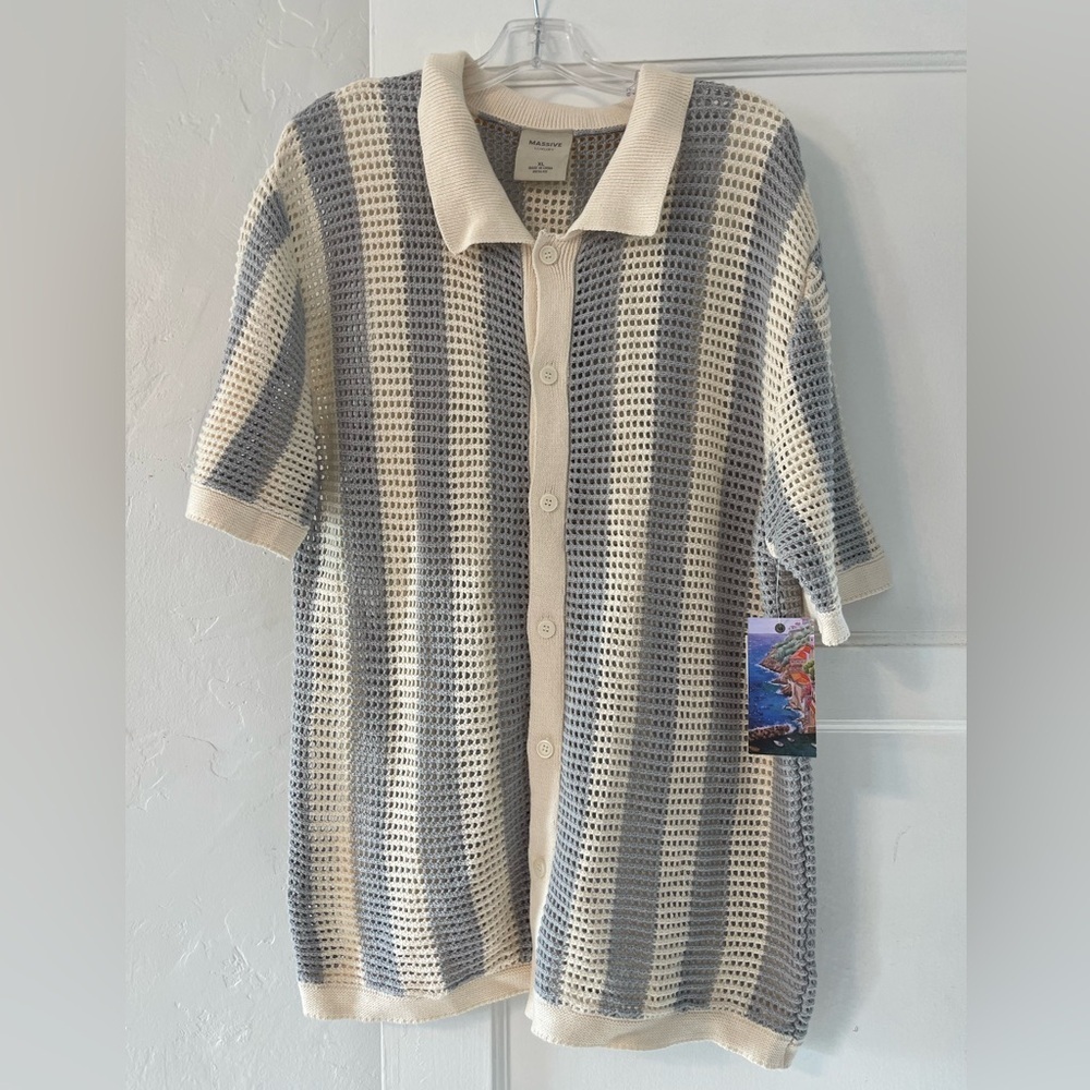 NWT Massive luxury men’s crochet button down shirt Xl